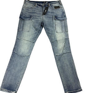 Mens Cargo Jeans Size 38 Slim Fit Medium Wash Utility Pocket NWT Denim Y2K Style